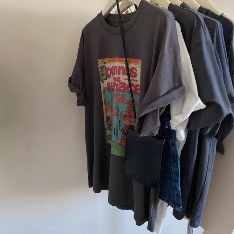 Oversize 200 Jin Hong Kong Style Retro Loose Cotton Short-sleeved T-shirt Women's chubby girl Design Printed Half-sleeved Clothes