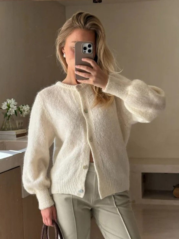 Áo cardigan len dệt kim dáng mỏng nhẹ cài nút một hàng, tay dài cổ tròn nữ — hoa hồng đỏ, màu be, màu cam, màu hoa cà chi tiết 54