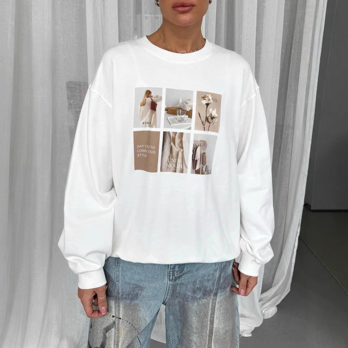 Elegant and Stylish Versatile Trendy Personality Printed 2025 Autumn and Winter European and American Style Round Neck Warm Sweatshirt Top