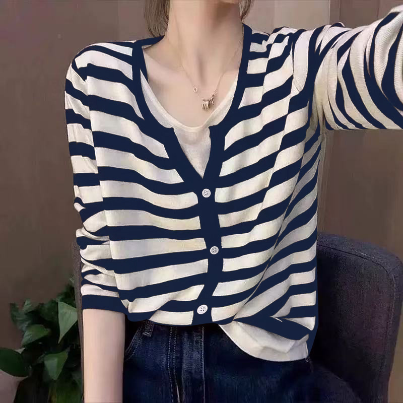 Fine Wool Faux Two-Piece Half-Open Collar Slim-Fit Knit Women's Korean-Style Simple Buttoned Striped Top Jacket Women's Clothing Fine Wool Faux Two-Piece Half-Open Collar Slim-Fit Knit Women's Korean-Style Simple Buttoned Striped Top Jacket Women's Clothing