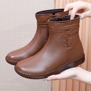 Cowhide Boots Women's 2024 Autumn and Winter Soft Bottom Soft Leather Mother Shoes fleece-lined Warm Casual Comfortable Flat Martin Boots