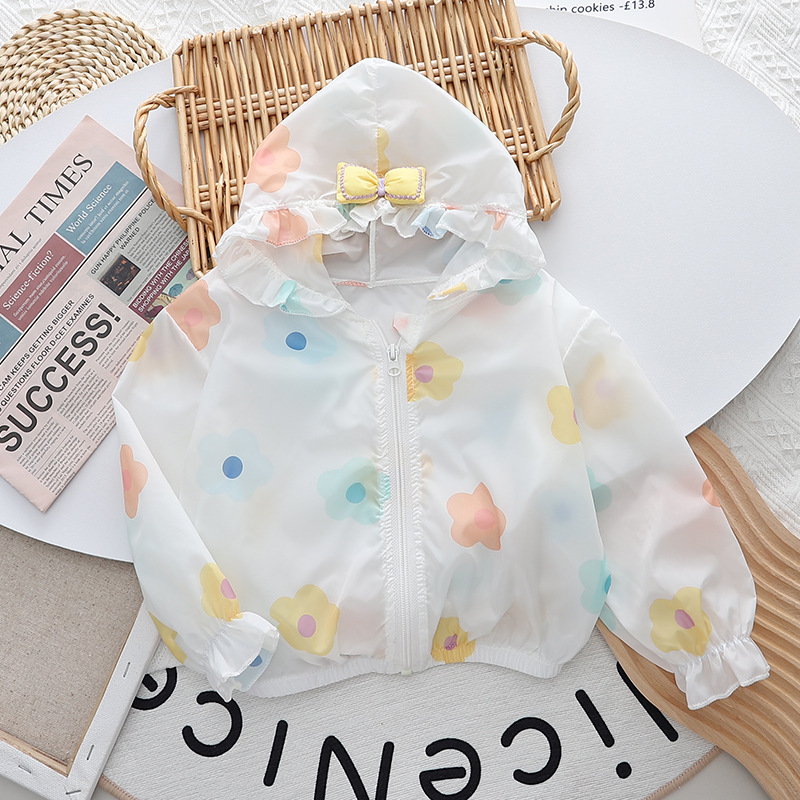 베이비 프린트 자외선 차단 재킷, 얇은 외출, 여아 여름 가디건, 아동 후드 탑, 해변 캠핑 트렌드