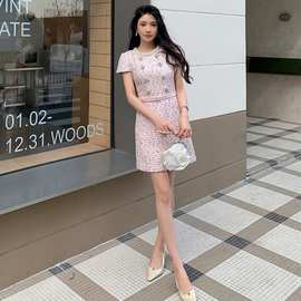 小香风粗花呢短袖上衣半身长裙圆领连衣裙三件套装 这里是连衣裙