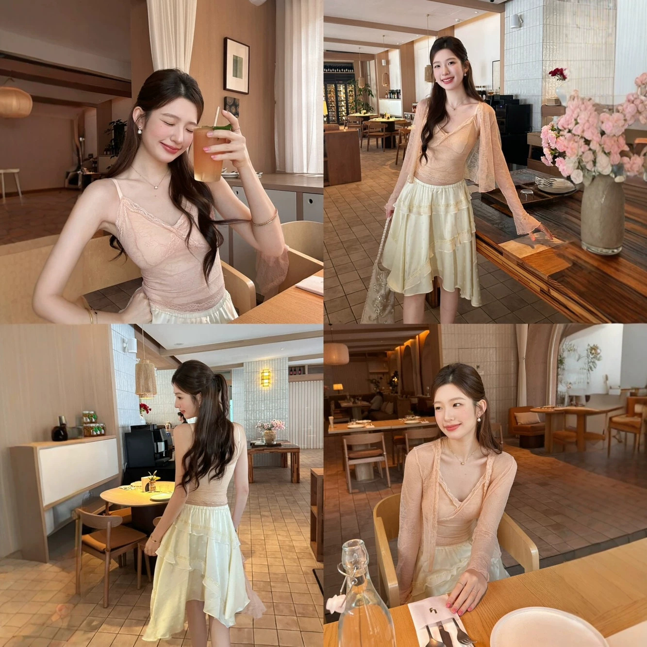 【DIGM】Pure and Sexy Style Lace-Trimmed Camisole + Mesh Lace Top Two-Piece Set