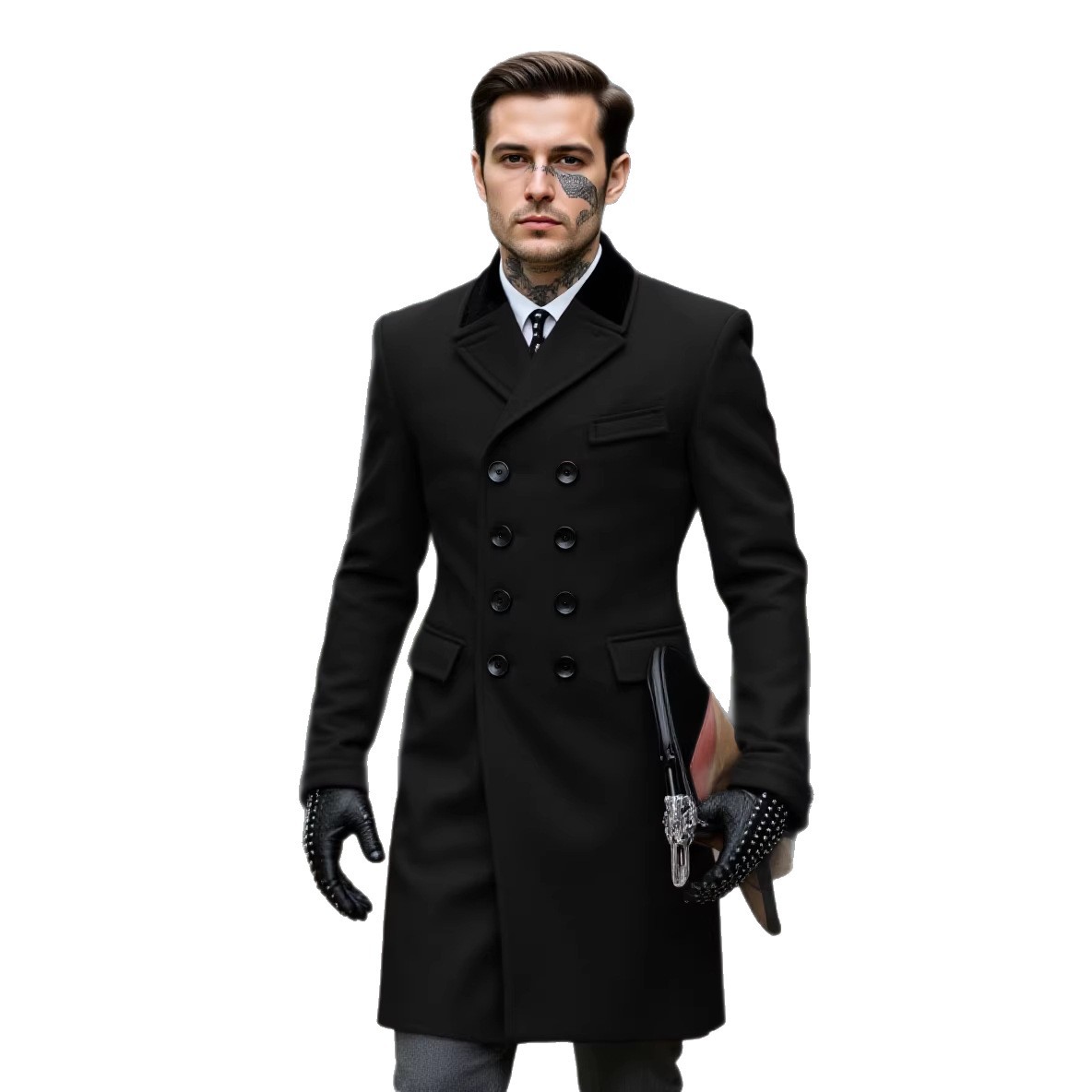 2026 European and American Autumn and Winter Color-Blocked Woolen Coat for Men, Cross-Border Thickened Dragon and Phoenix Woolen Trench Coat with Double-Breasted Buttons