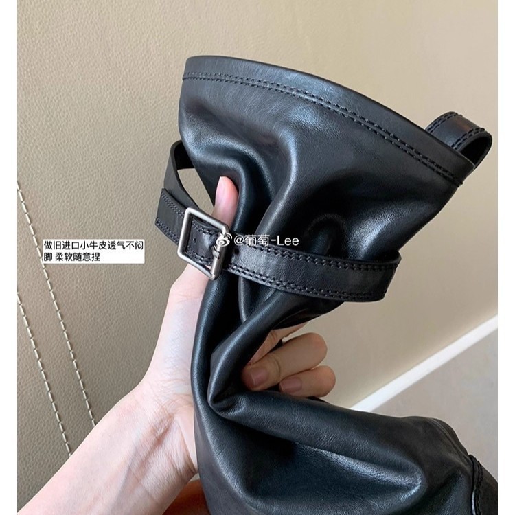葡萄妈同款 腿精出街~ 牛皮尖圆头时髦皮带扣中粗跟长靴女高筒靴|undefined
