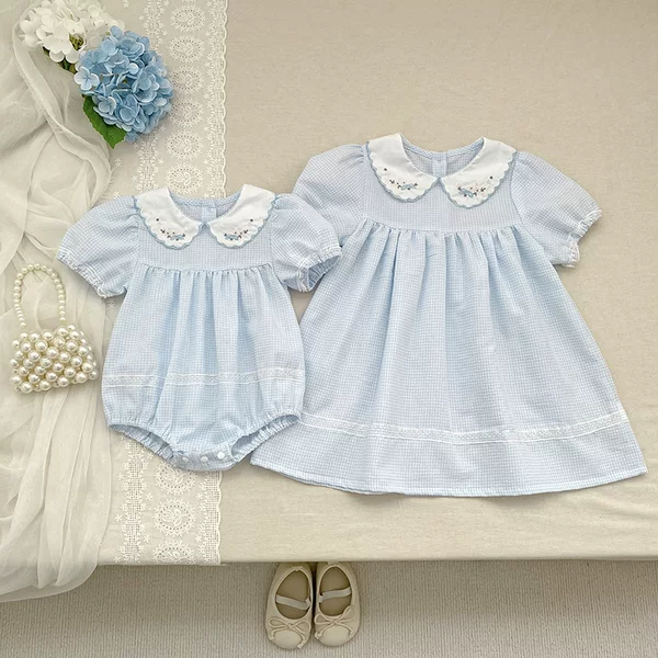 Girls' Dress Summer New Style Embroidered Collar Girl's Dress Baby Romper One-Piece Clothing Children's Sisters' Matching Outfits