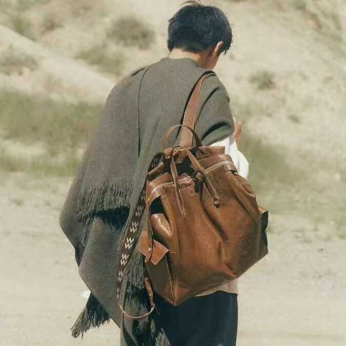 Yamashita Yuyuxi Series Large and Small Unisex Vintage Vegetable-Tanned Leather Backpack 14inch 16inch Laptop Bag