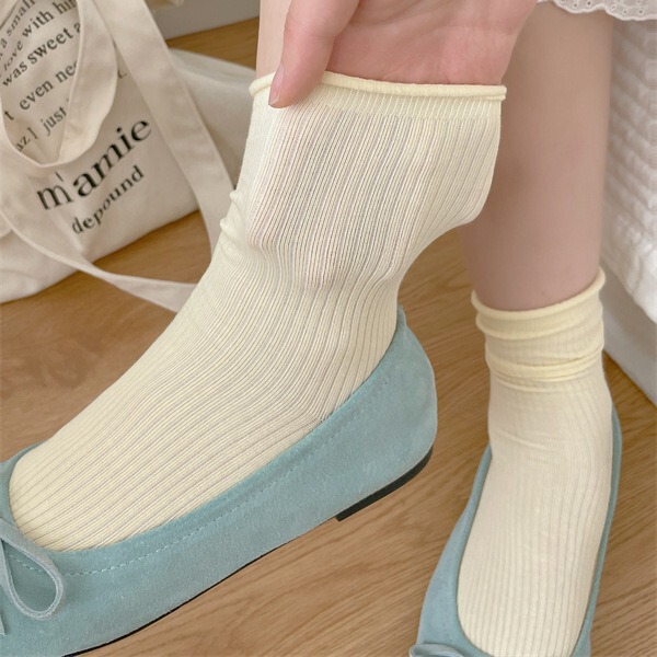 Anti-pilling spring and summer boneless solid color curling vertical strip women's confinement socks thin breathable cotton loose tube piled socks Anti-pilling spring and summer boneless solid color curling vertical strip women's confinement socks thin breathable cotton loose tube piled socks