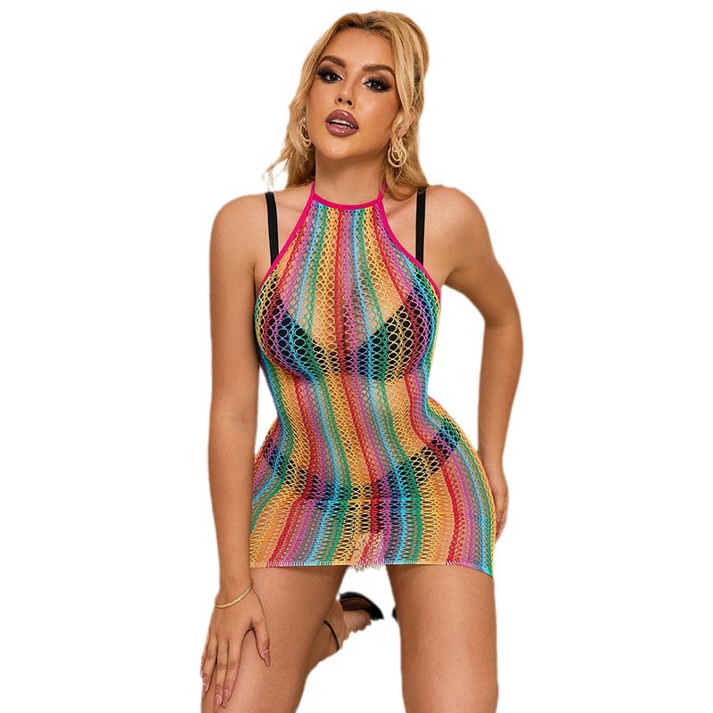 Un nuevo vestido de medias de malla agujeradas de color arco iris cuello correa de calcetines de cadera