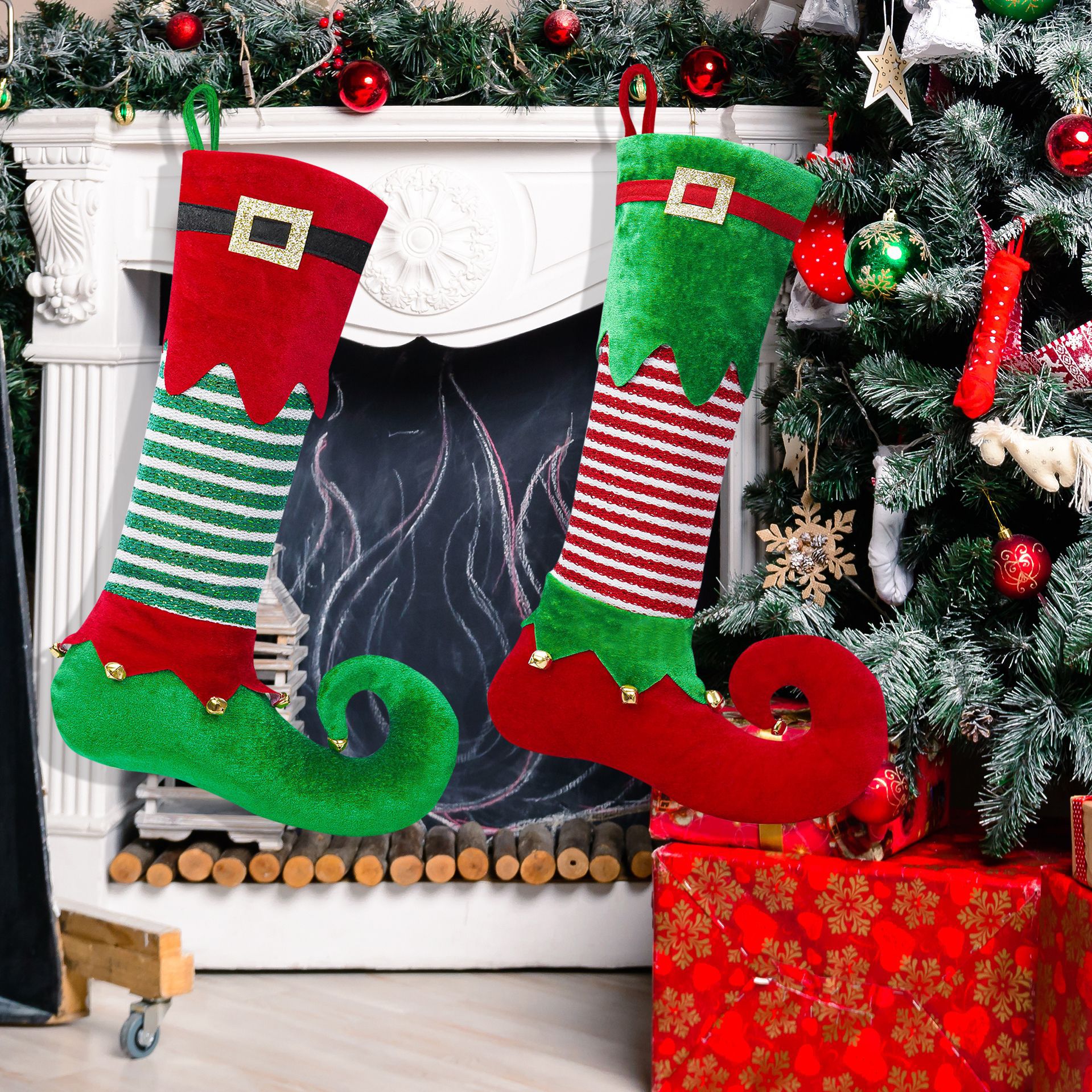 Calcetines de Navidad transfronterizos con campanas calcetines de genio chimenea de Navidad ventana de cocina regalo decoración bolsas de regalo de Navidad