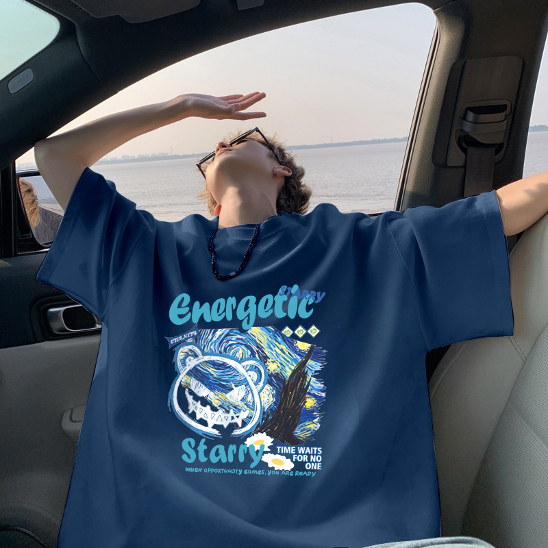 100%纯棉设计感涂鸦简约字母印花短袖美式复古t恤夏季宽松上衣男|undefined