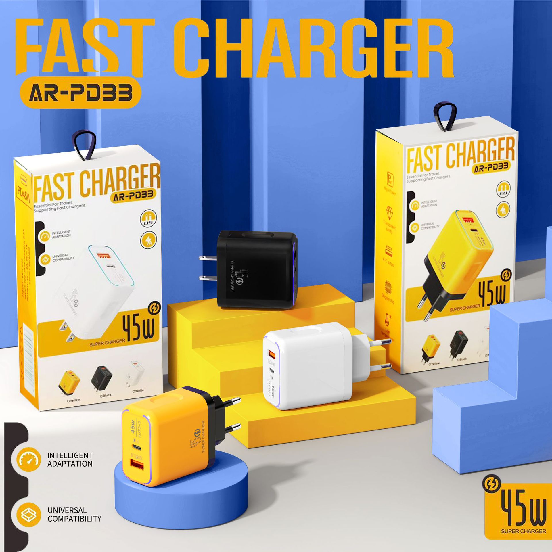 跨境新款45W带灯usb+typec双口快充充电器适用华为苹果手机PD充头