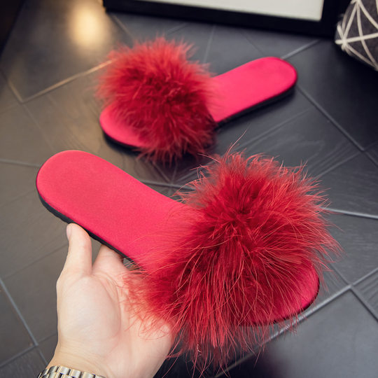 Wedding Morning Gown with Slippers New Style Mao Mao Women's Outer Wear Fashion Low Heel Wedding Bridesmaid Feather One-Slip Shops