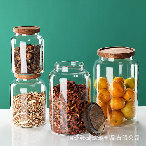 Large-Capacity Acacia Wood High-Borosilicate Glass Airtight Storage Jar for Grains, Tea, and Citrus Peel
