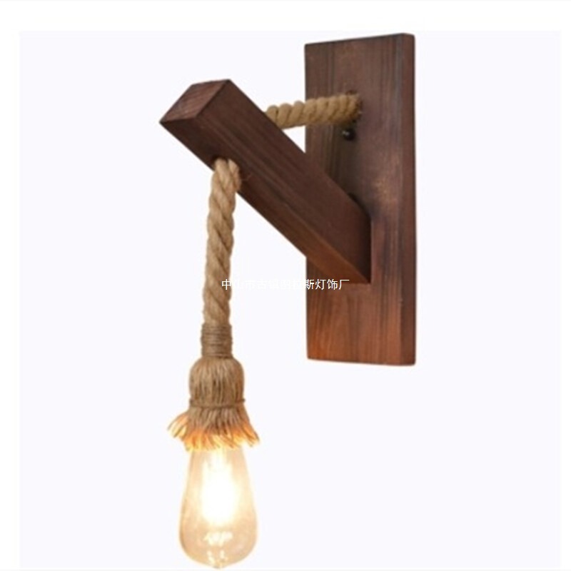 Cross-Border Foreign Trade American Country Creative Wood Art Hemp Rope Single-Head Wall Lamp Living Room Restaurant Bar Industrial Style Wall Lamp No
