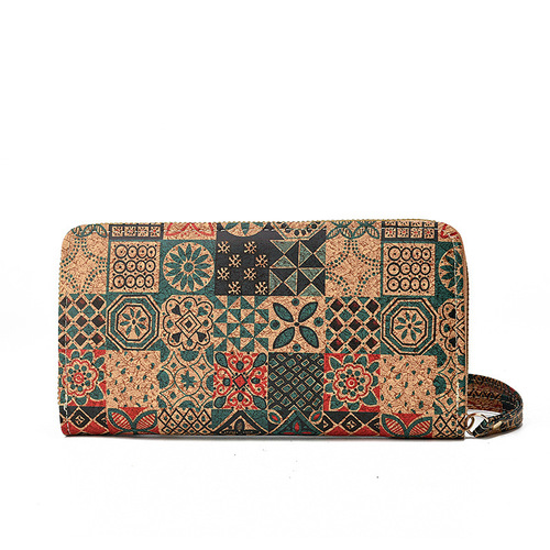 Women's Fashion Zipper Long Retro Wood Grain Soft Cork Texture Large Capacity Phone Bag with Multiple Card Slots