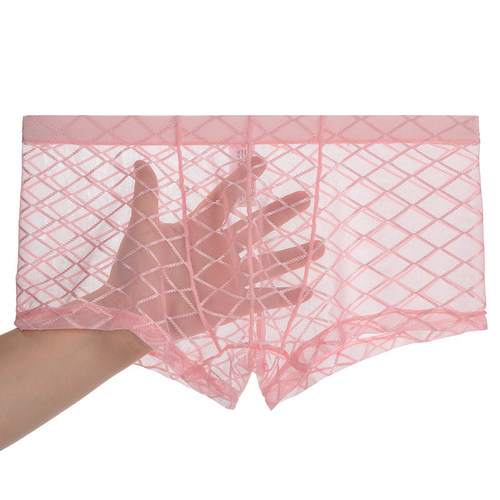 Junye men's mesh transparent underwear thin plaid sexy U convex bag boxer briefs breathable young men's pants