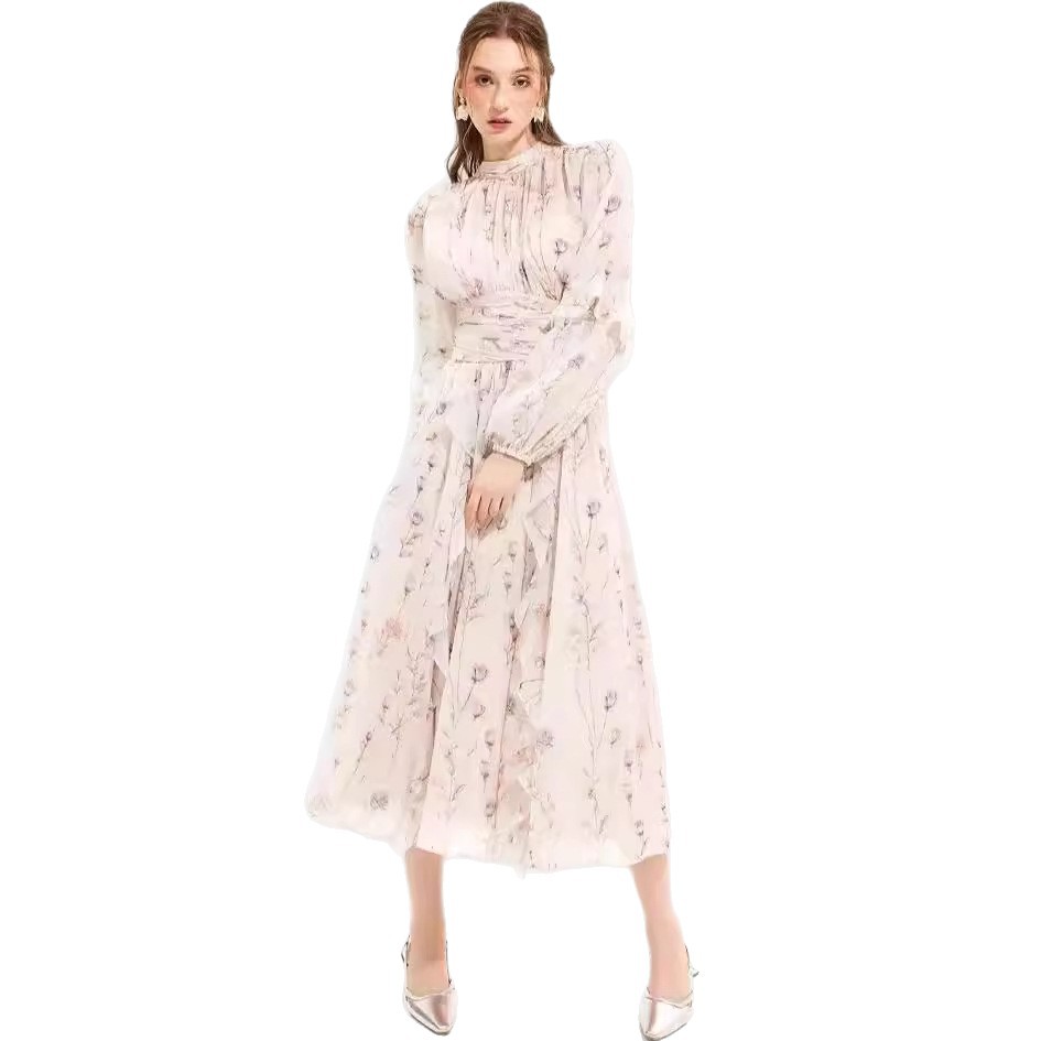 Women's Chiffon Printed Ruffled Long Sleeved Evening Dress Fashion Autumn Winter European American Style Cross Border_ecoleips.com