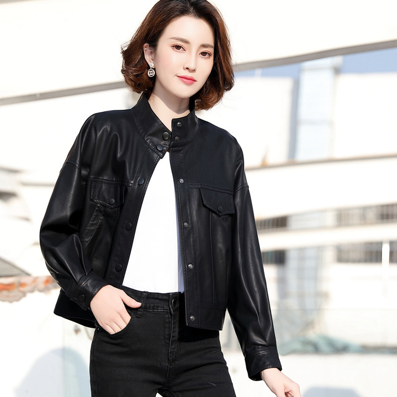 High-End Versatile Leather Jacket for Women, Short Style, 2025 New Model, Elegant Casual Stand-Up Collar Leather Jacket, Sheepskin Biker Jacket