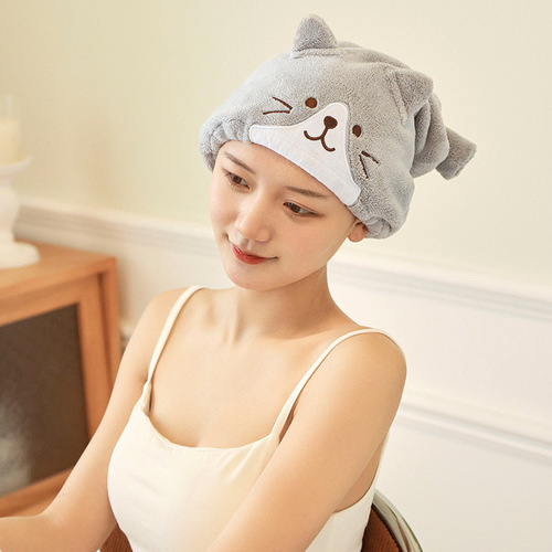 Hair Dry Cap Coral Fleece Cartoon Color Block Embroidery Cat Ears Dry Hair Cap Women's Absorbent Shower Cap Wholesale