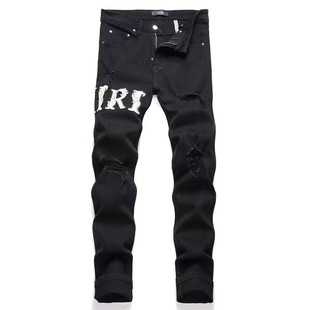 High Street Trendy Brand New Embroidered Jeans Men's Black Ripped Patch Elastic Slim Fit Pants Long Pants