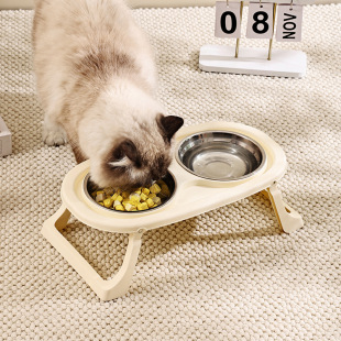 Cat Bowl stainless steel cat food bowl Cat Bowl Pet Bowl protective cervical spine high leg folding double bowl drinking water feeding integrated