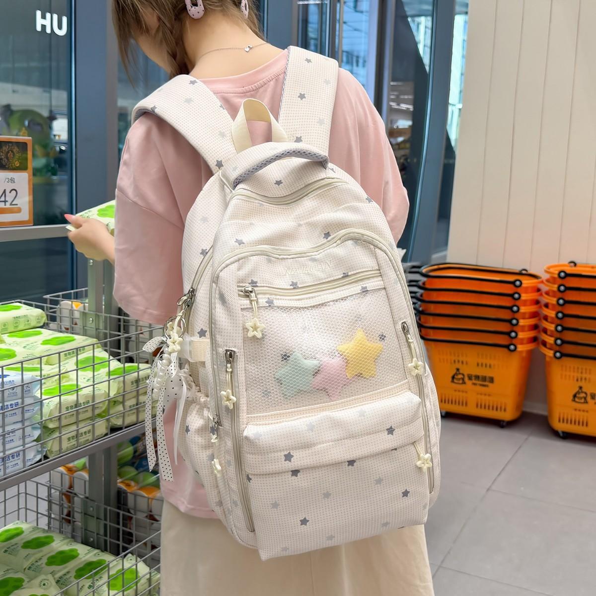 雾米白透气网面透明窗DIY双肩包中小学生甜美风校园吸睛书包