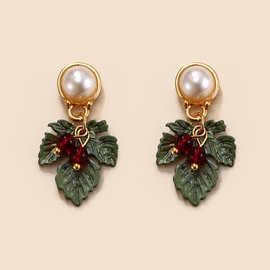 wish新款欧美时尚优雅绿叶花卉宝石耳钉气质复古珍珠耳饰批发