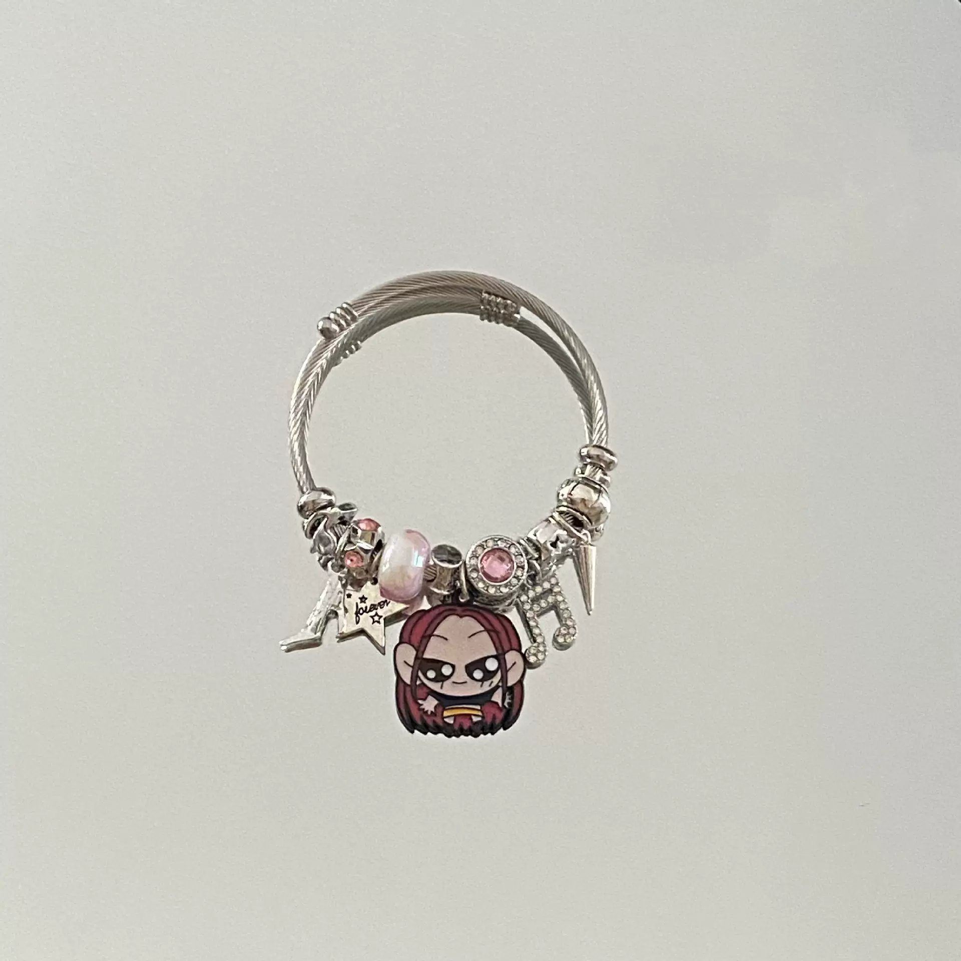 潘家新款K-POP猎魔女团手镯女卡通镶钻吊坠开口不锈钢手环手串