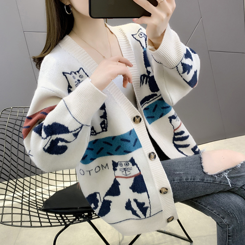 2023 Otoño e Invierno Nuevo suéter exterior de estilo perezoso suelto de las mujeres de estilo coreano con cuello en V gato de dibujos animados de punto Chaqueta de punto