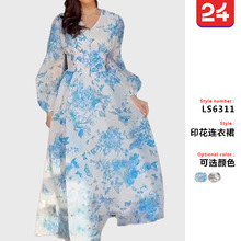 2025夏季跨境新款欧美亚马逊高腰气质法式修身长款大摆度假连衣裙