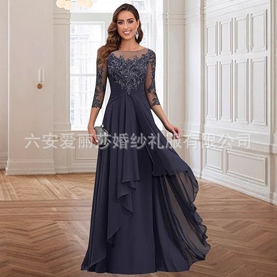 European and American Foreign Trade Ball Gown Lace Long Mid-Sleeve Low Round Neck Chiffon Dress for Aliexpress and Amazon