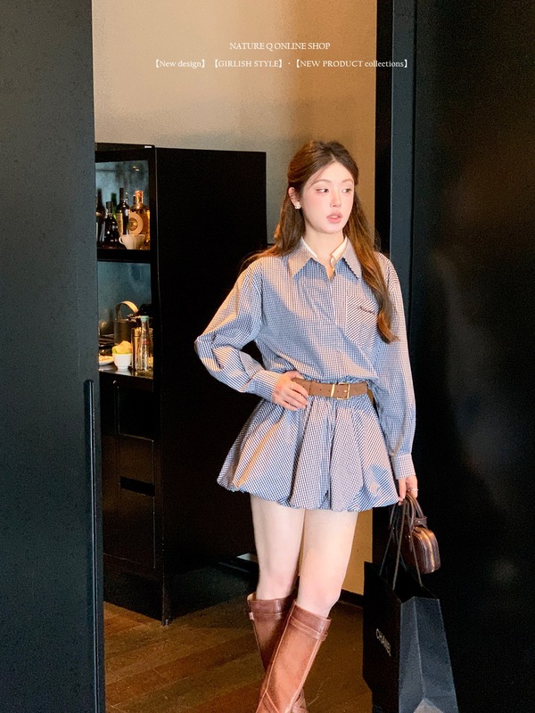 杨小卷 MIU系学院风设计感双层领格纹衬衫连衣裙女收腰花苞裙chic|undefined
