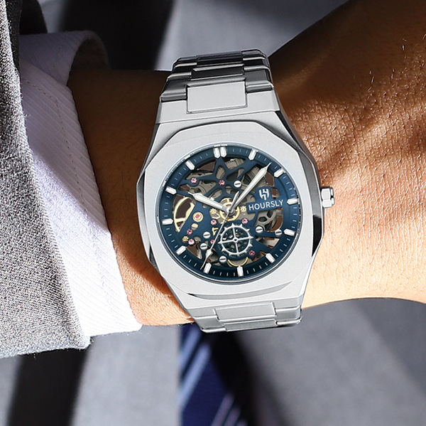 Relojes transfronterizos de venta caliente en Europa y los Estados Unidos relojes impermeables de la marca hoursly para hombres relojes mecánicos falsos relojes de cuarzo de acero inoxidable image 3
