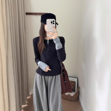 韩国东大门撞色拼接亨利领加厚磨毛T恤女冬季新款打底衫长袖上衣