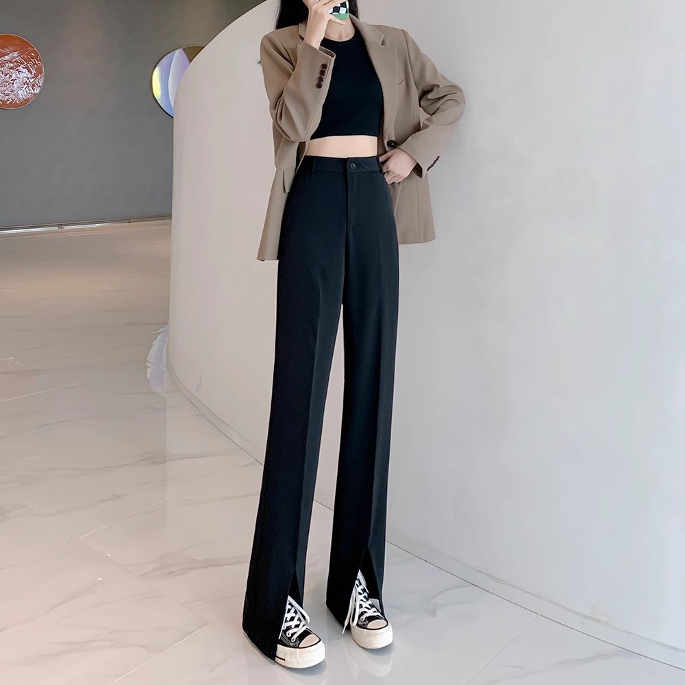 Pantalones de traje negro para mujeres 2024 otoño y invierno más vello cintura alta tenedor recto adelgazamiento de alta calidad pantalones de piernas anchas