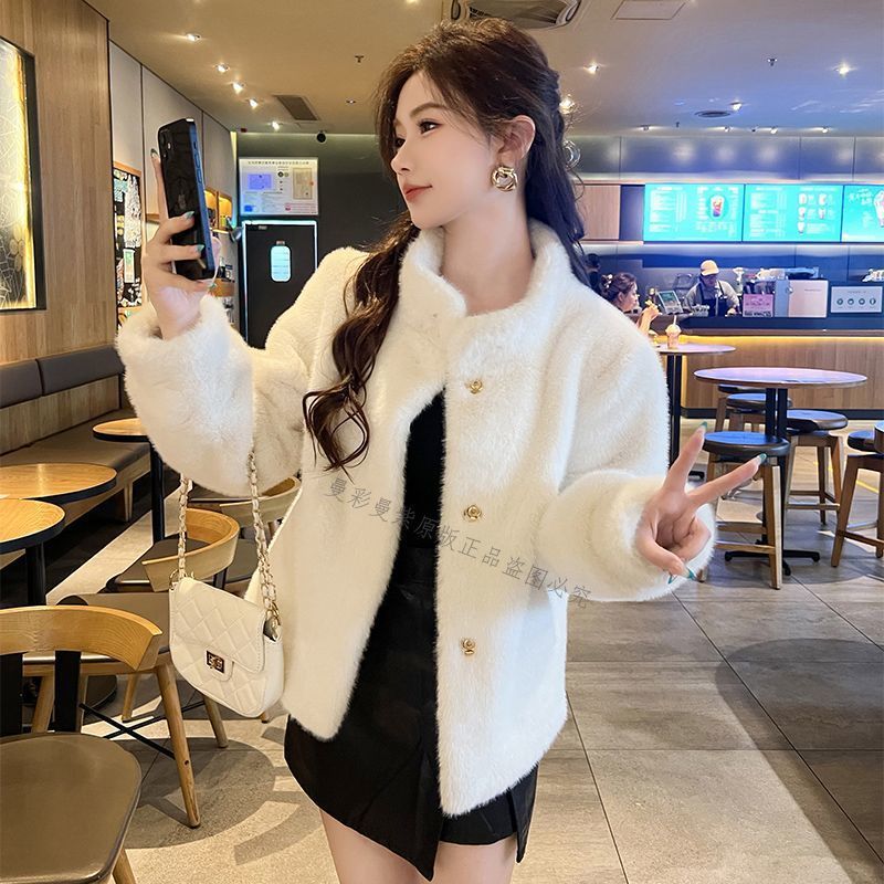皮毛一体秋冬新款水貂绒宽松外套女立领时尚短款女皮草环保毛加厚|undefined