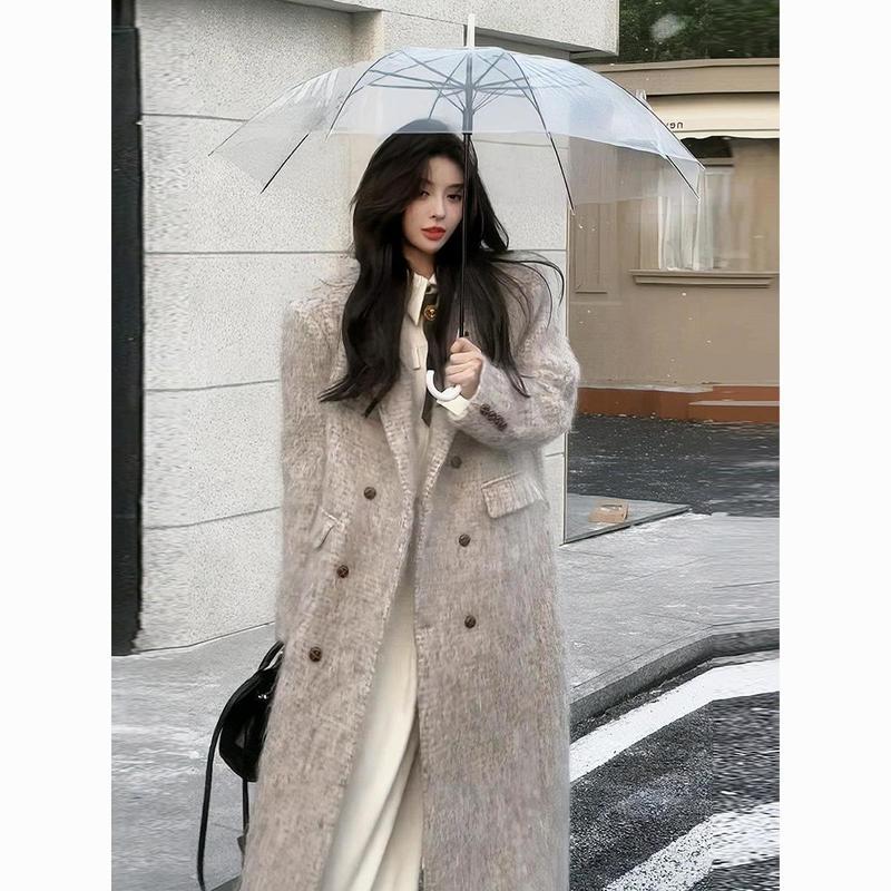 感灰色毛呢外套女秋冬新款复古宽松赫本风中长款加厚呢子大衣|undefined