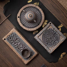 仿柴烧鎏金手工干泡台壶承陶瓷粗陶养壶垫紫砂壶托储水式托盘小号