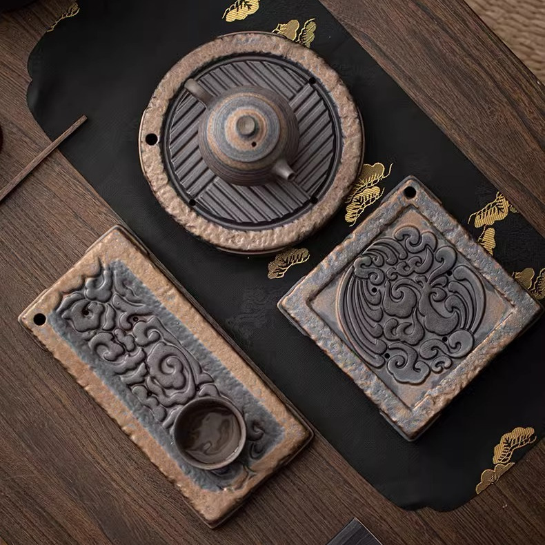 仿柴烧鎏金手工干泡台壶承陶瓷粗陶养壶垫紫砂壶托储水式托盘小号