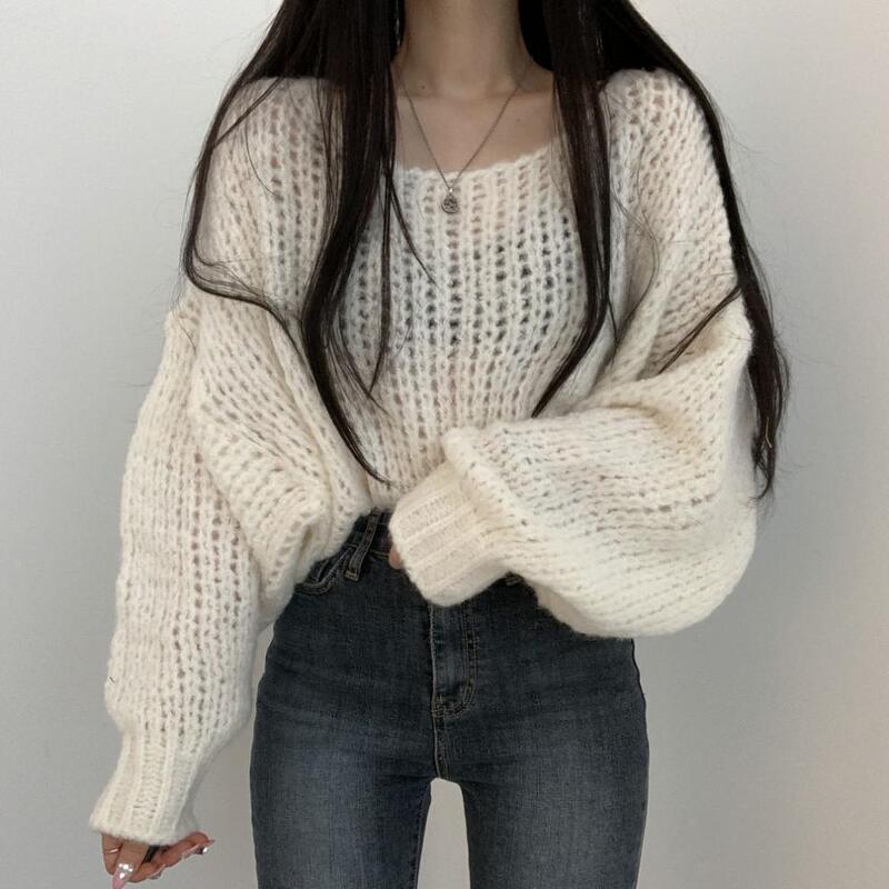 Korean Style Autumn New All-match Candy Color Pullover Sweater Loose Lazy Style Thick Line Lantern Sleeve Knitted Sweater for Women Korean Style Autumn New All-match Candy Color Pullover Sweater Loose Lazy Style Thick Line Lantern Sleeve Knitted Sweater for Women