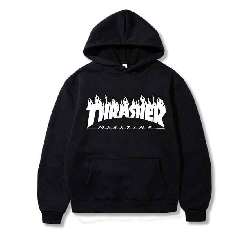 2025 New Foreign Trade Spring and Autumn Men's Hooded Sweatshirt Flame Trendy Brand Men's Pullover Sweatshirt Thrasher Print