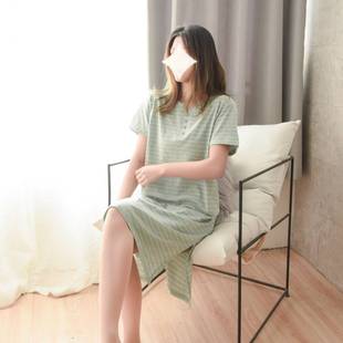 Unprinted Yarn Good Products Tianzhu Cotton Knitted Striped Pajamas Home Dress Wholesale Women's Short Sleeve Nightgown Cotton Women