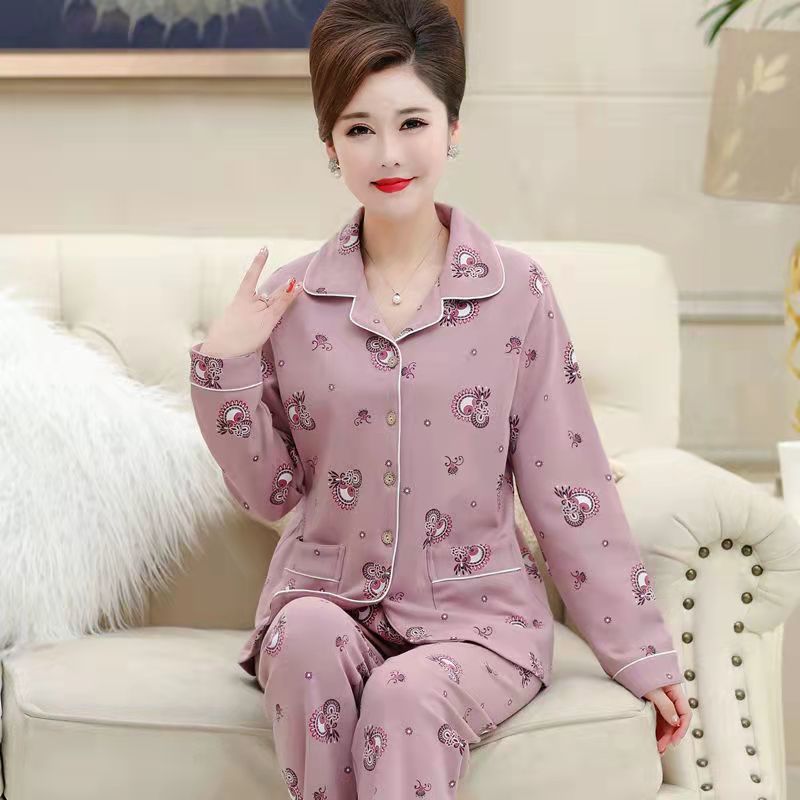 100% pijamas de algodón de las mujeres Primavera y otoño de manga larga delgada Chaqueta de punto traje de primavera y verano suelta más tamaño de la madre ropa de algodón para el hogar