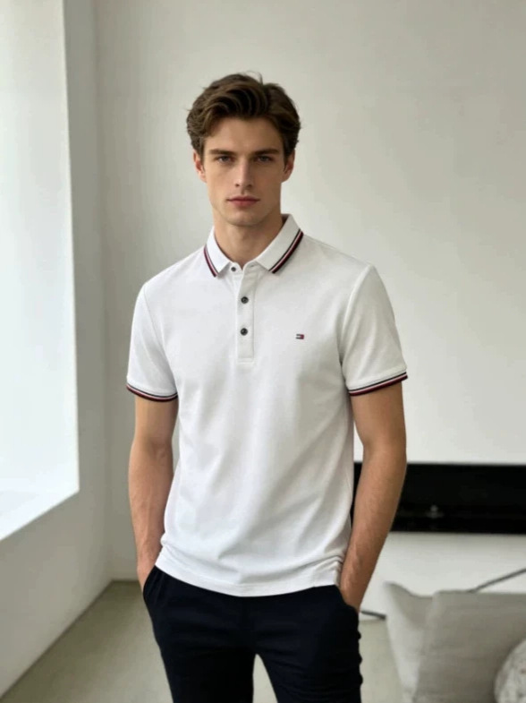 Kişi üçün yay polo köynəyi, pambıq, yaxalı, slim fit