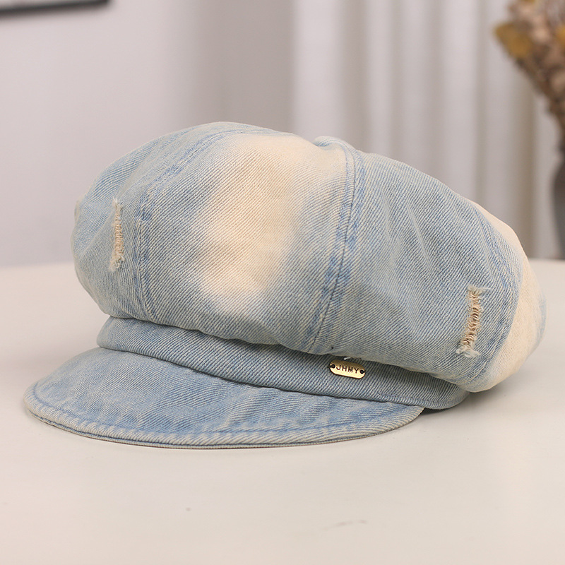 Nuevo agujero coreano viejo vaquero boina boca de pato niño cara pequeña sombrero de octogono sombrero de artista de moda retro