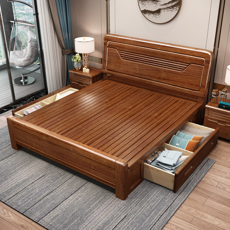 Nuevo chino cama de madera maciza 1,8 m cama doble moderno dormitorio principal cama de boda cama de nogal económica alta caja cama de almacenamiento