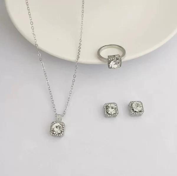 Square-Shaped European and American Fashion Women's Simple Ins Wholesale Manufacturer Necklace, Ring, and Earring Three-Piece Set, Popular in Foreign Trade and Trendy on Instagram