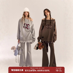AsGony 美式复古运动风卫衣套装字母斜肩卫衣微喇休闲裤